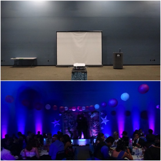 Before and After set up at Imiloa for UHH prom themed party