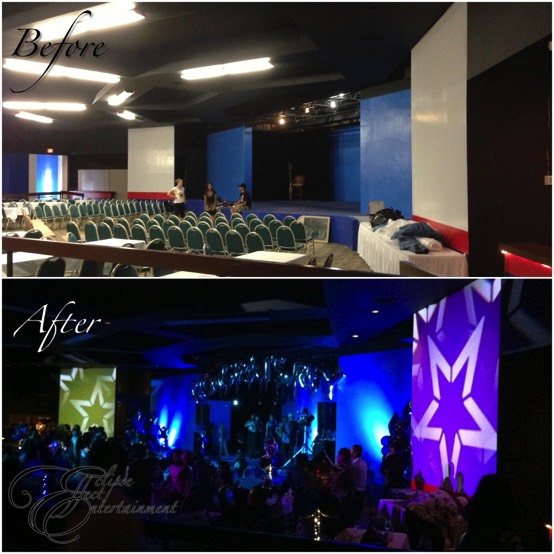 Before and After of Crown Room grad party lighting set up.