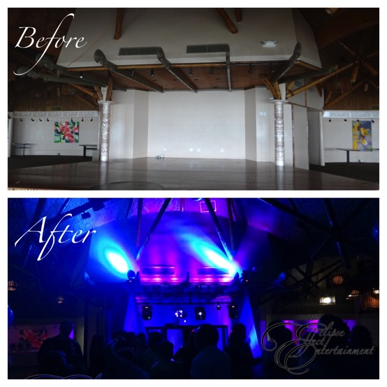 Before and After of a birthday party set up at Naniloa Poly Room