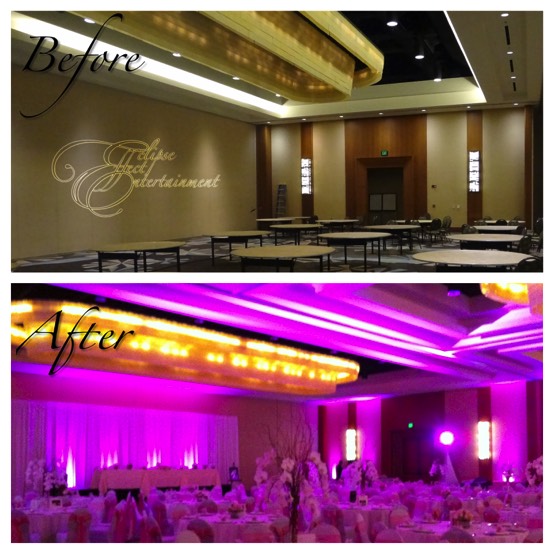 Before and After of a wedding reception set up at Waikoloa Marriott Naupaka Ballroom