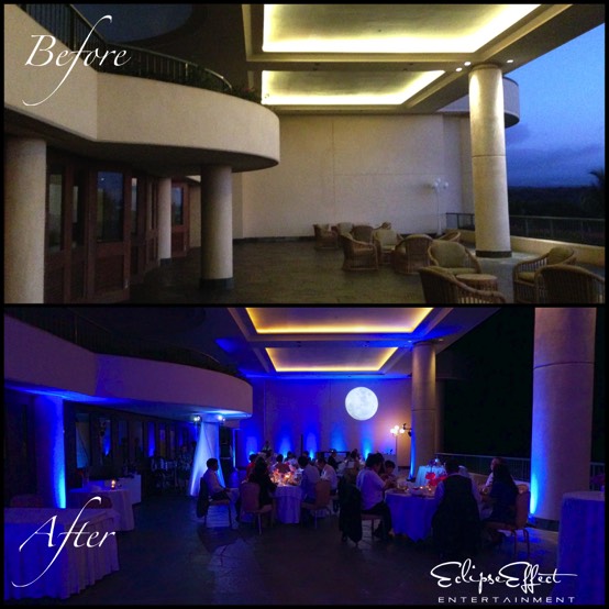 Before and After photo of Wedding Lighting at Hapuna Beach Prince Hotel.