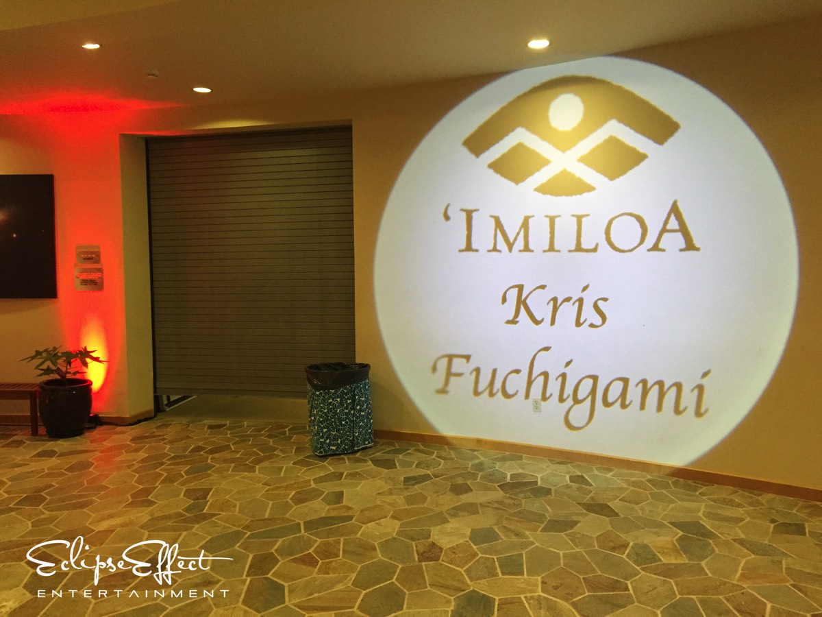 Imiloa and Kris Fuchigami’s name in a custom budget gobo for the Kris Fuchigami Valentine’s Day Concert at Imiloa Astronomy Center.