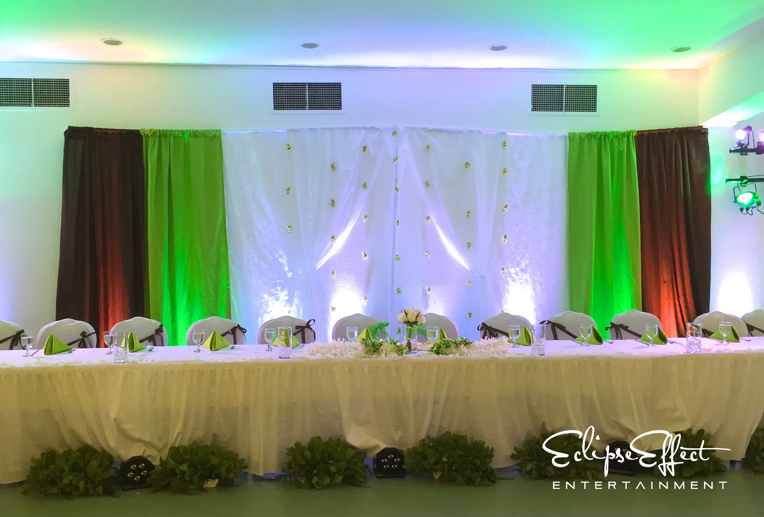 Multi color uplighting to enhance the color of a head table backdrop.
