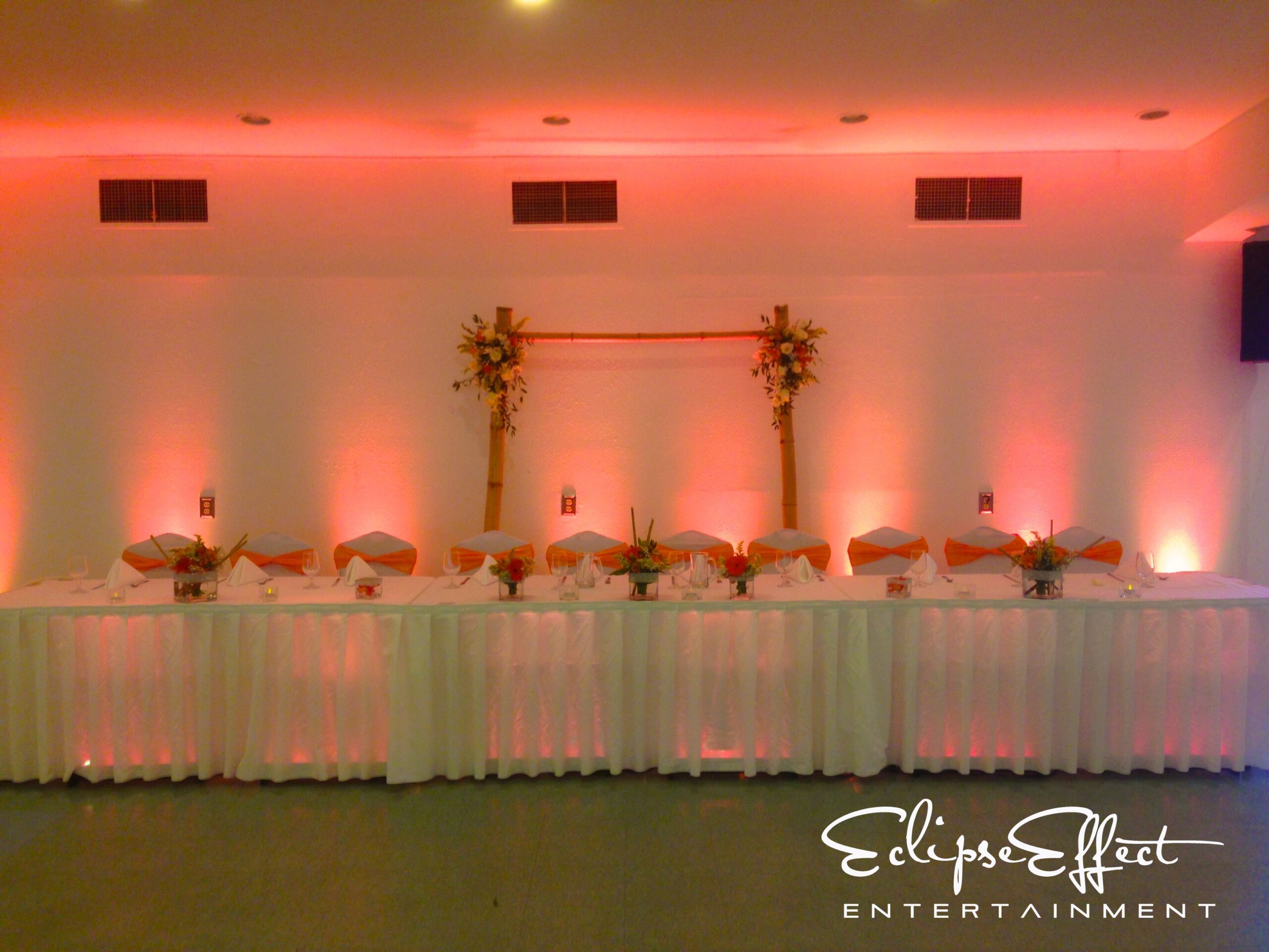 Orange uplighting for a couple at are San Francisco Giants fans.  We used orange to match the teams colors.